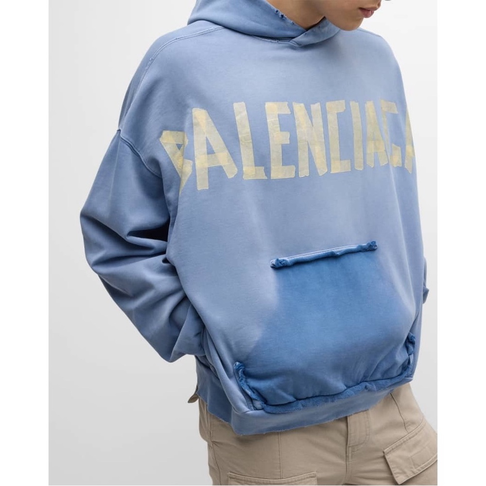 Balenciaga Men's Logo Tape Distressed Ripped Pocket Hoodie Oversized Faded Blue - Picture 4 of 15